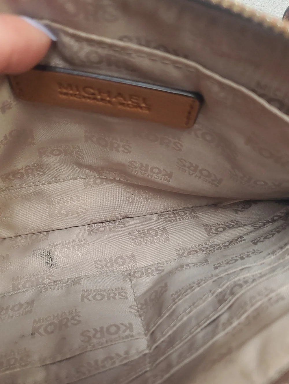 Michael Kors Dark Brown Perforated Zip Clutch with Tan Trim